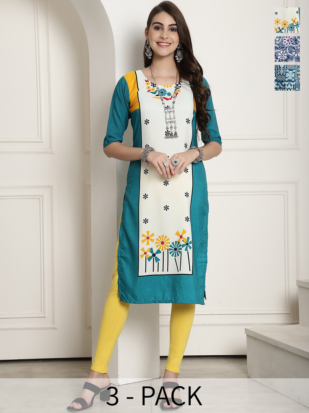 

7Threads Selection of 3 Ethnic Motifs Printed Straight Kurta, Teal