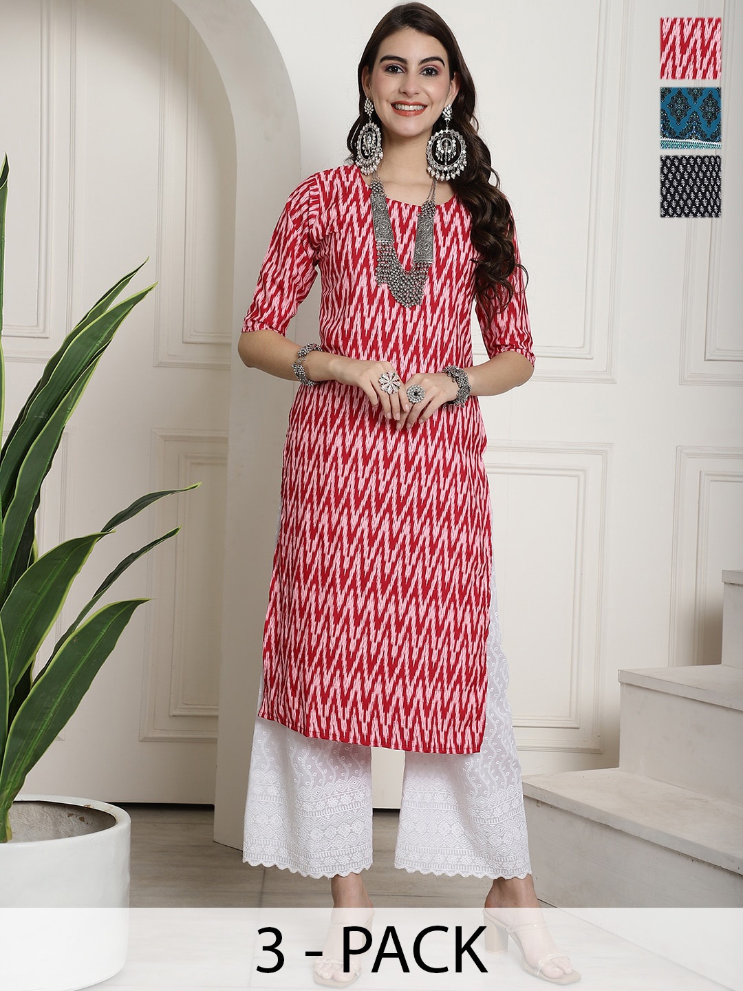 

7Threads Selection Of 3 Ethnic Motifs Printed Crepe Kurtas, Red