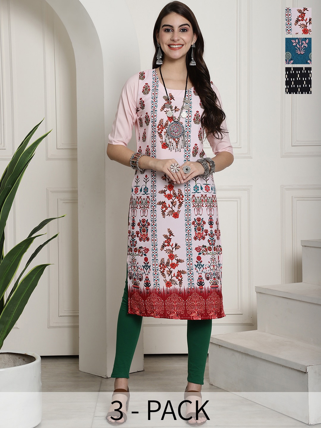 

7Threads Selection Of 3 Printed Round Neck Straight Kurtas, Pink