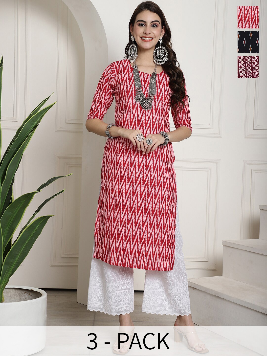 

7Threads Selection Of 3 Ethnic Motifs Printed Crepe Kurtas, Red