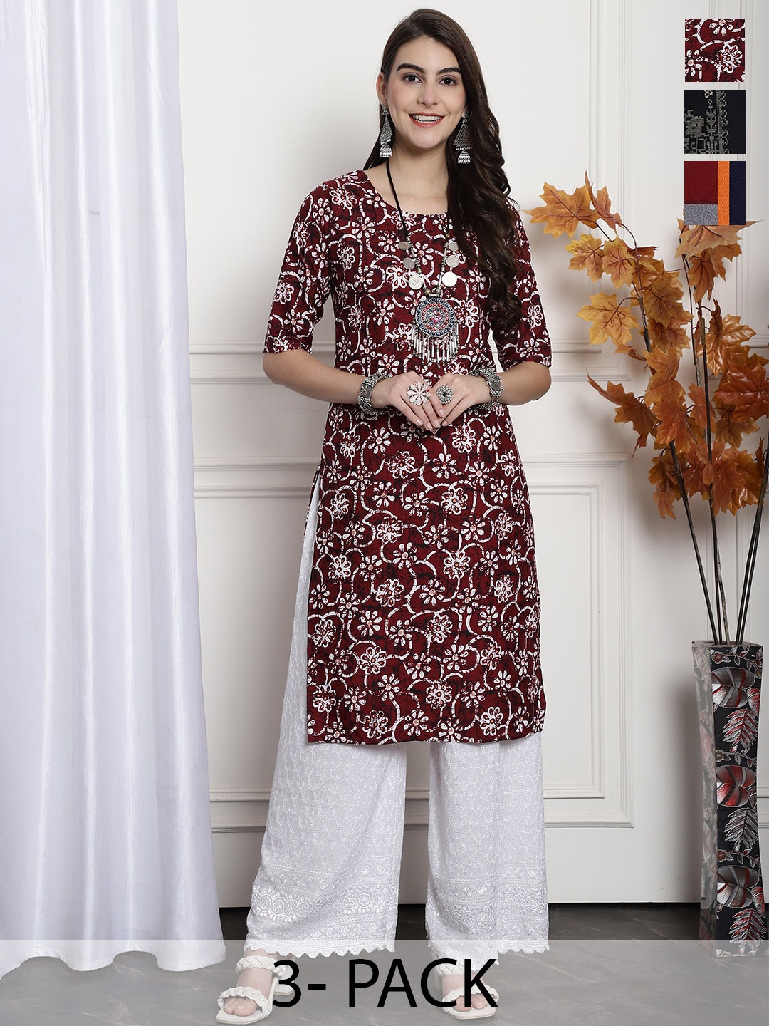 

7Threads Selection Of 4 Printed Straight Crepe Kurtas, Maroon