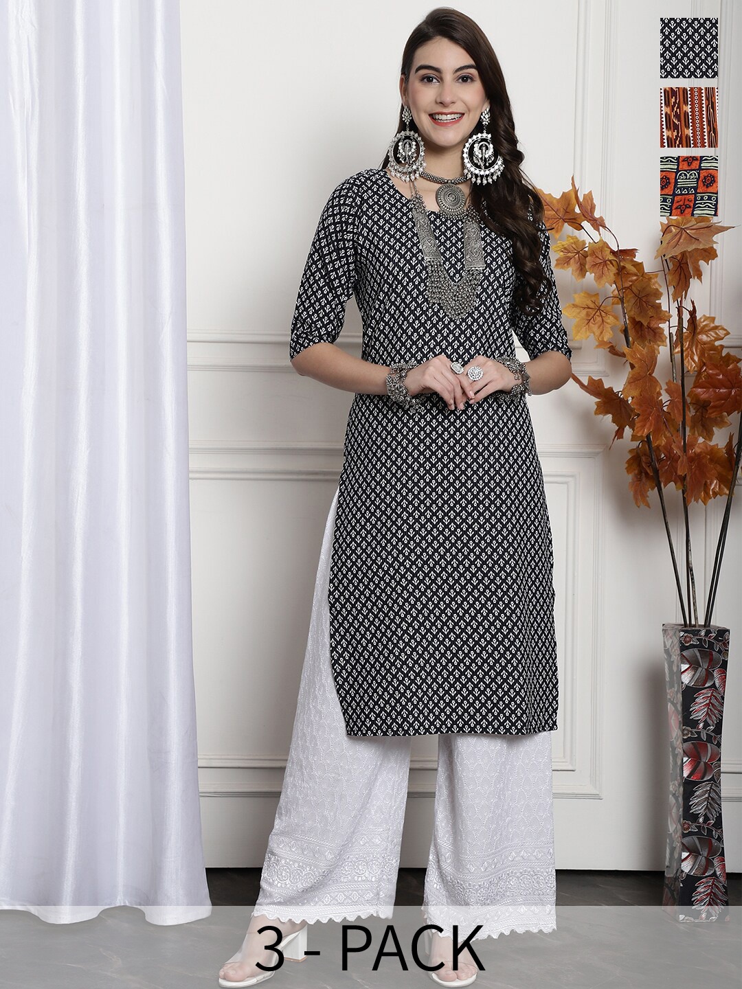 

7Threads Selection Of 3 Ethnic Motifs Printed Straight Kurta, Black