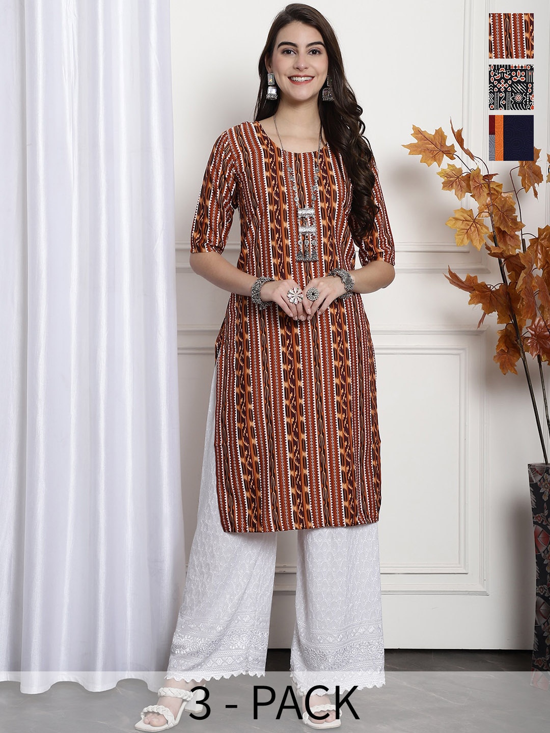 

7Threads Selection of 3 Ethnic Motifs Printed Regular Kurtas, Red