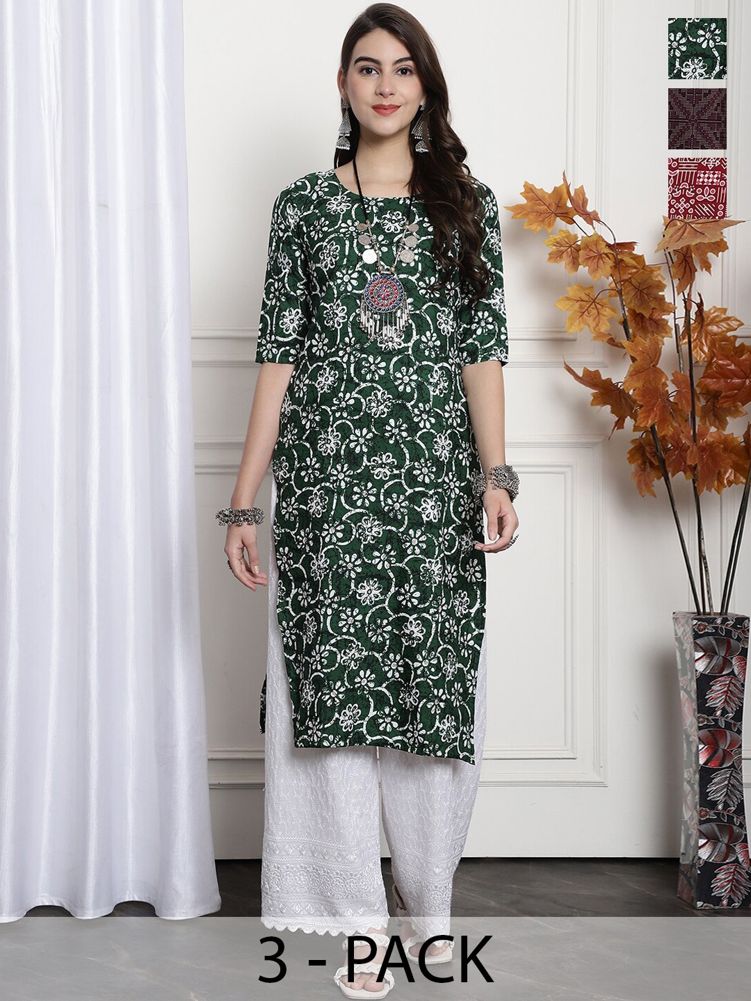 

7Threads Selection Of 3 Ethnic Motifs Printed Regular Kurta, Green