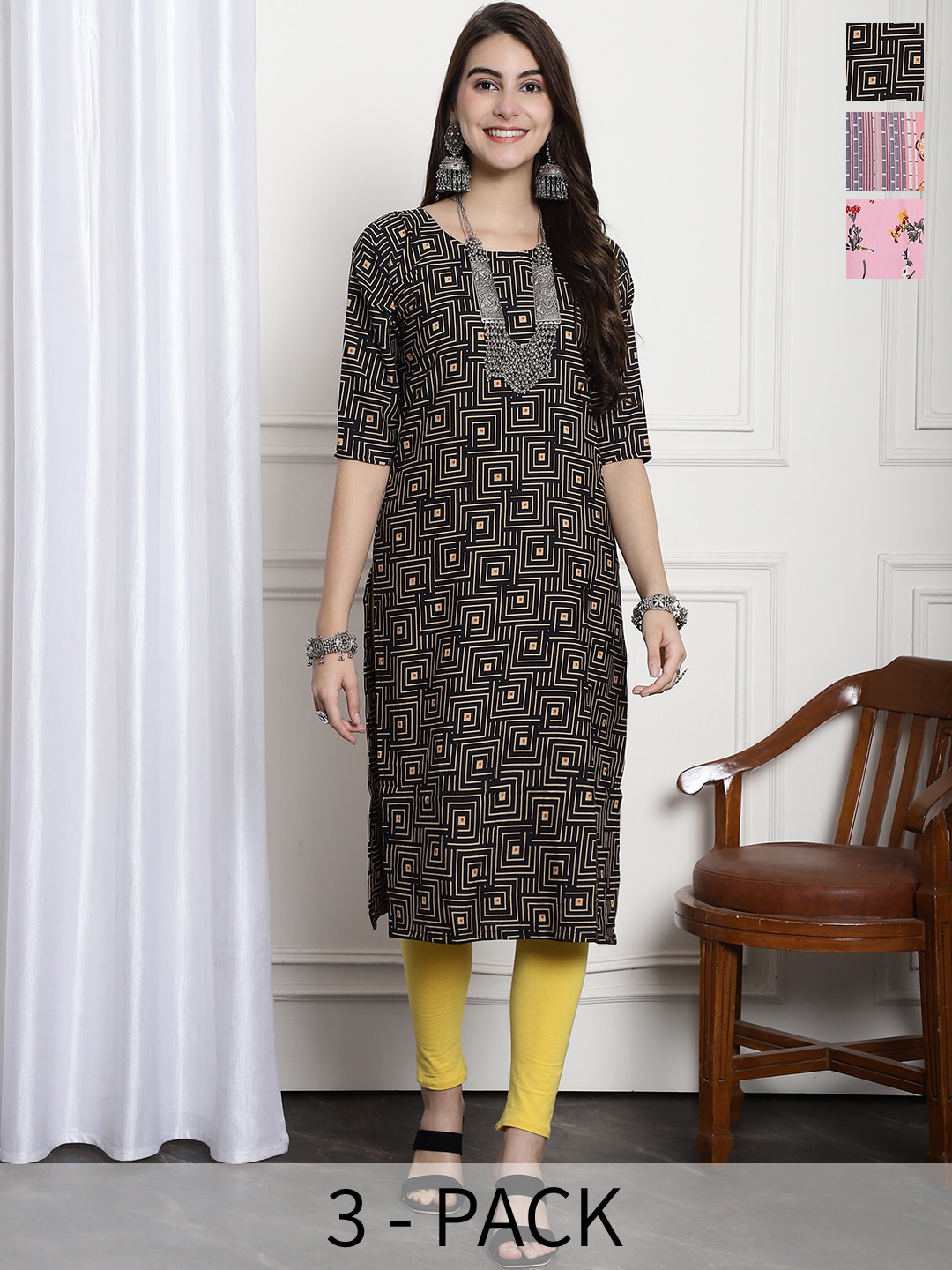 

7Threads Selection Of 3 Printed Round Neck Crepe Straight Kurta, Multi