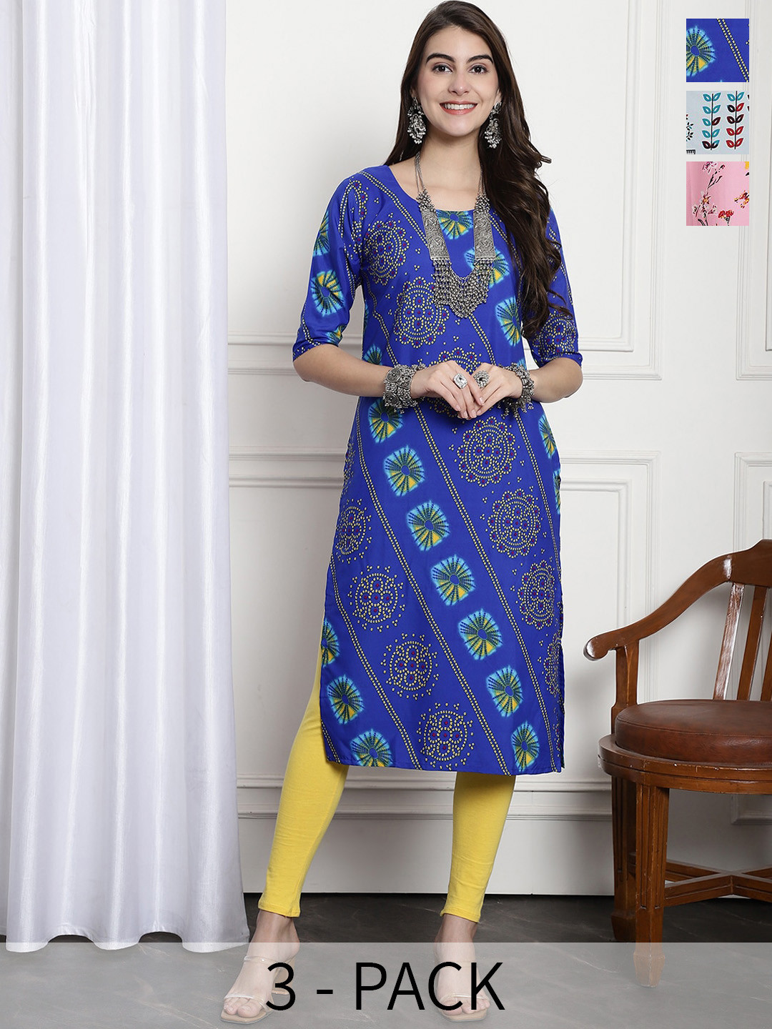 

7Threads Selection Of 3 Ethnic Motifs Printed Straight Kurta, Blue