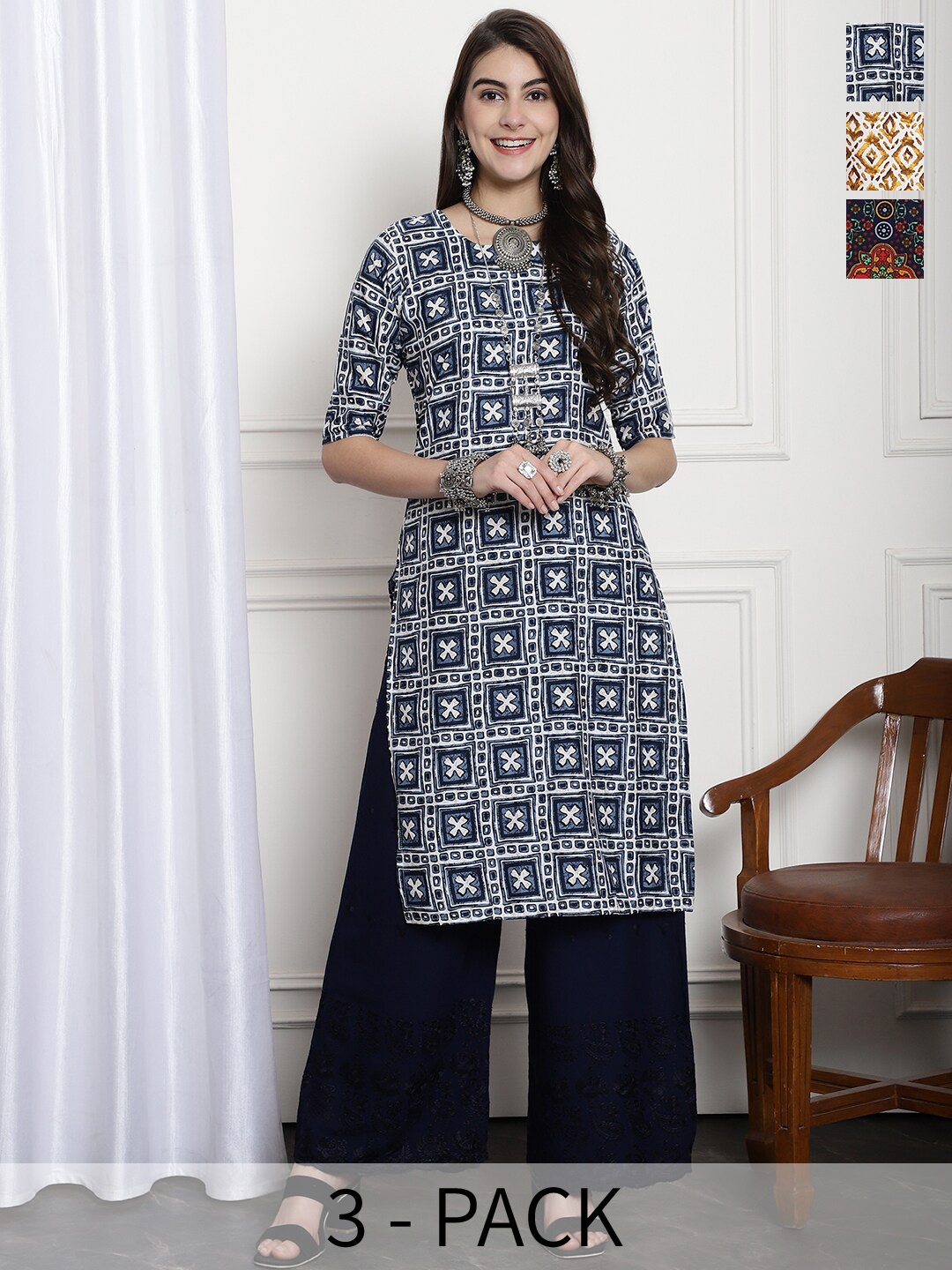 

7Threads Selection Of 3 Ethnic Motifs Printed Crepe Kurta, Blue