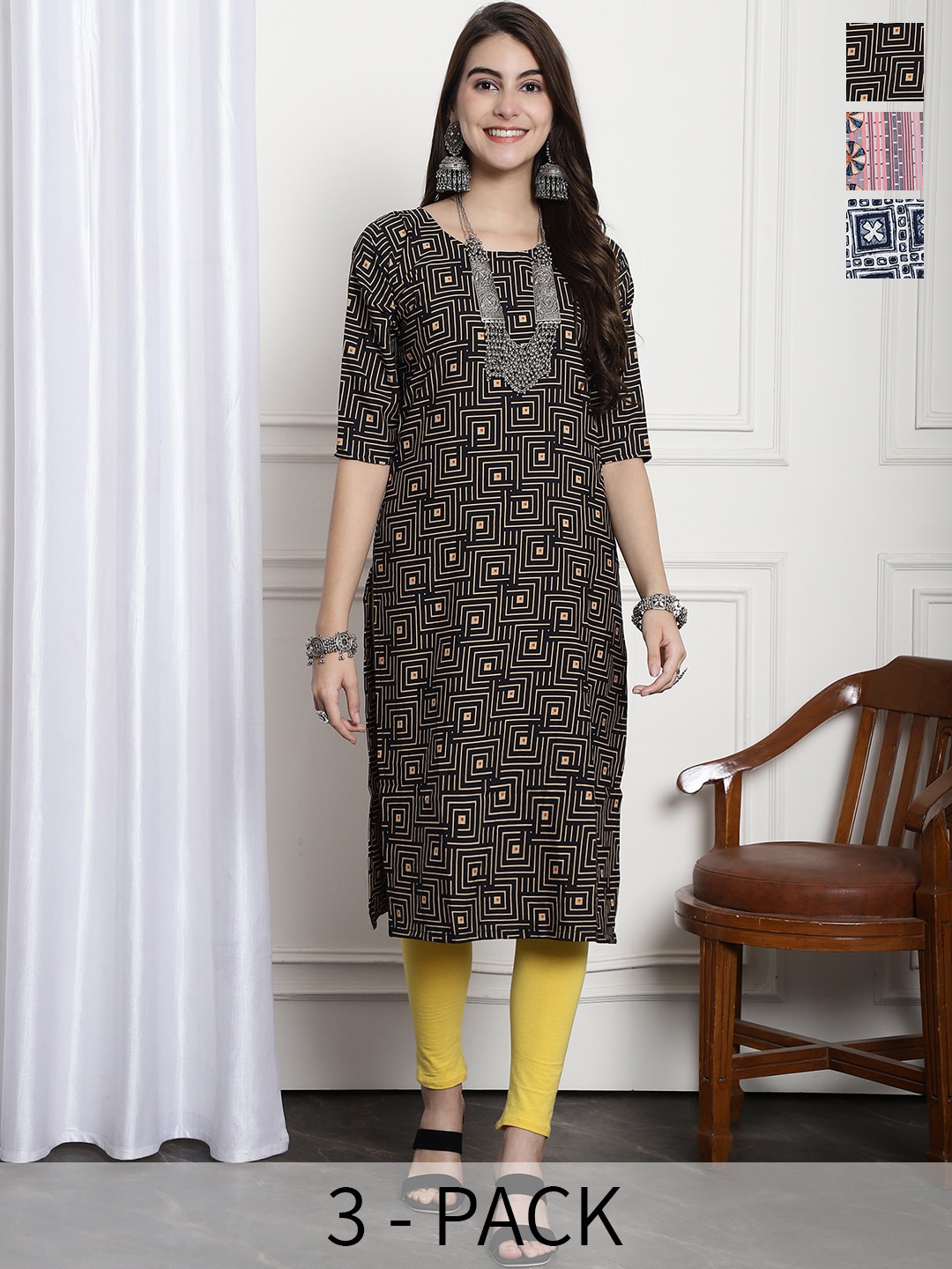

7Threads Selection Of 2 Geometric Printed Straight Kurta, Black