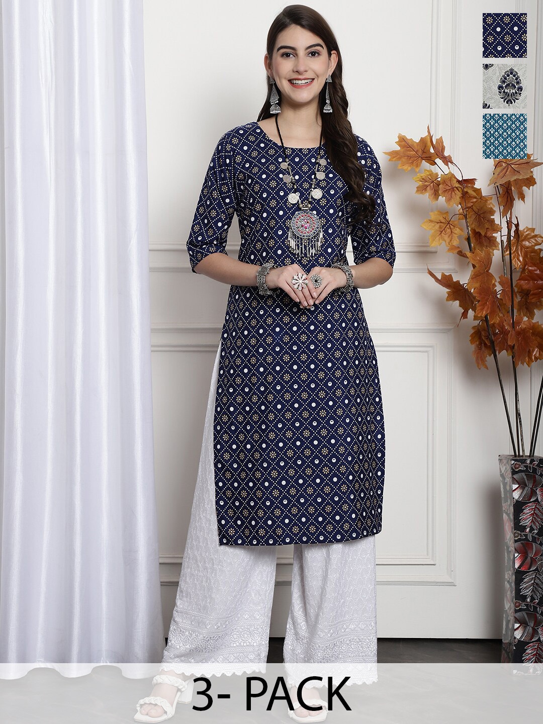 

7Threads Selection Of 3 Ethnic Motifs Printed Straight Kurta, Navy blue