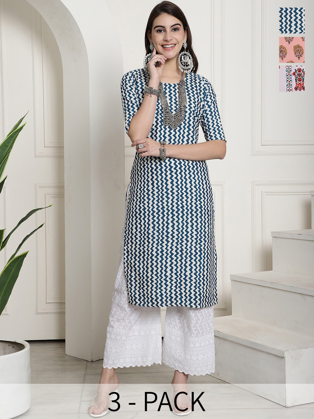 

7Threads Selection Of 3 Ethnic Motifs Printed Straight Crepe Kurtas, Blue
