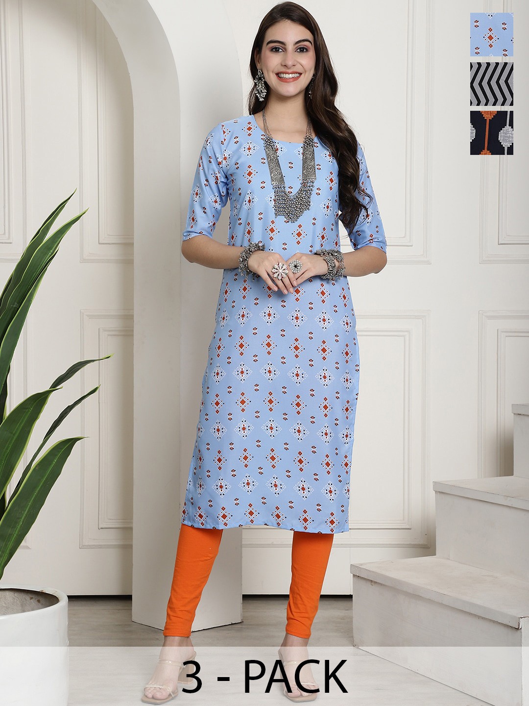 

7Threads Selection Of 3 Ethnic Motifs Printed Crepe Straight Kurta, Blue