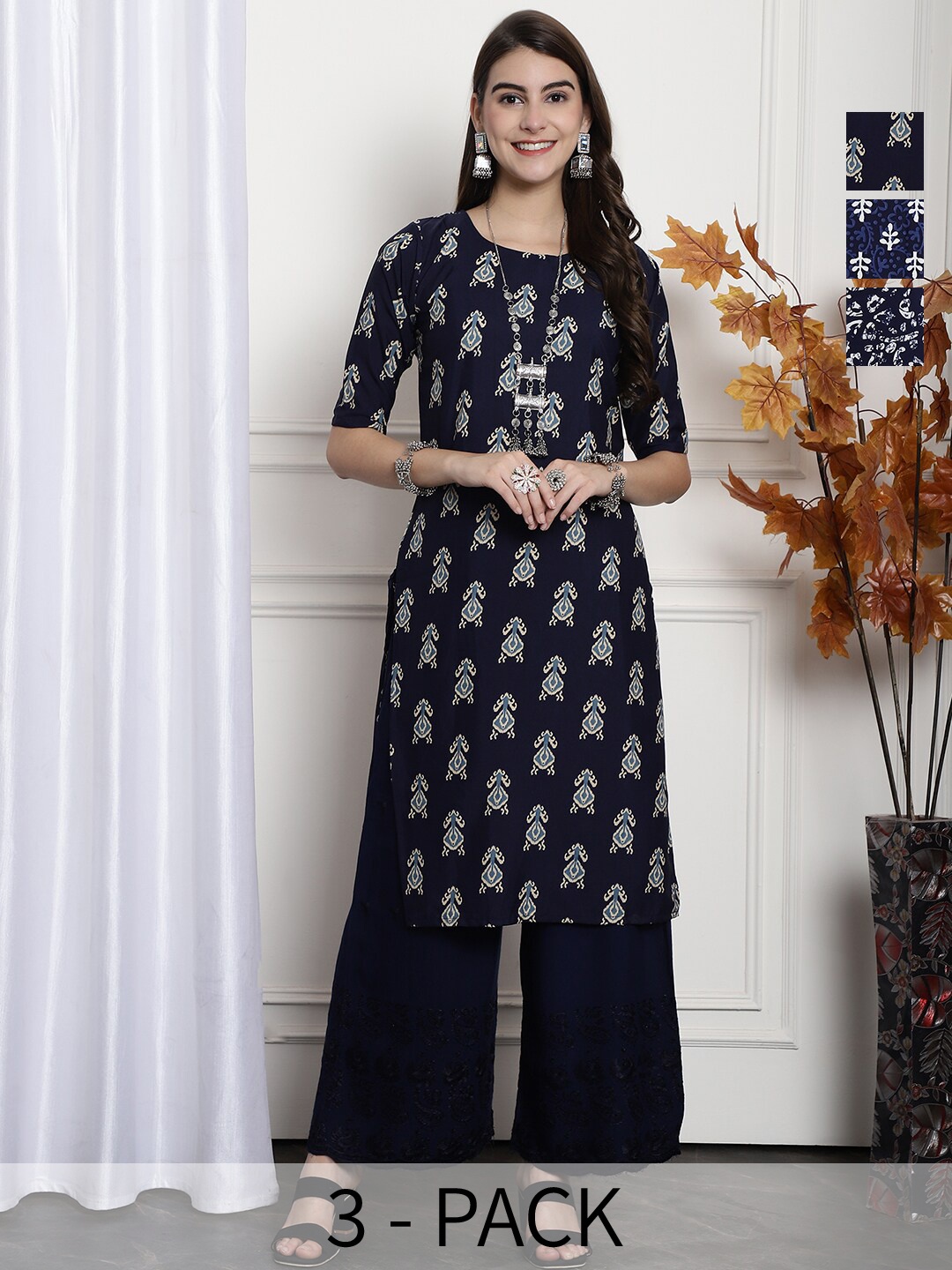 

7Threads Selection Of 3 Printed Round Neck Crepe Straight Kurta, Navy blue