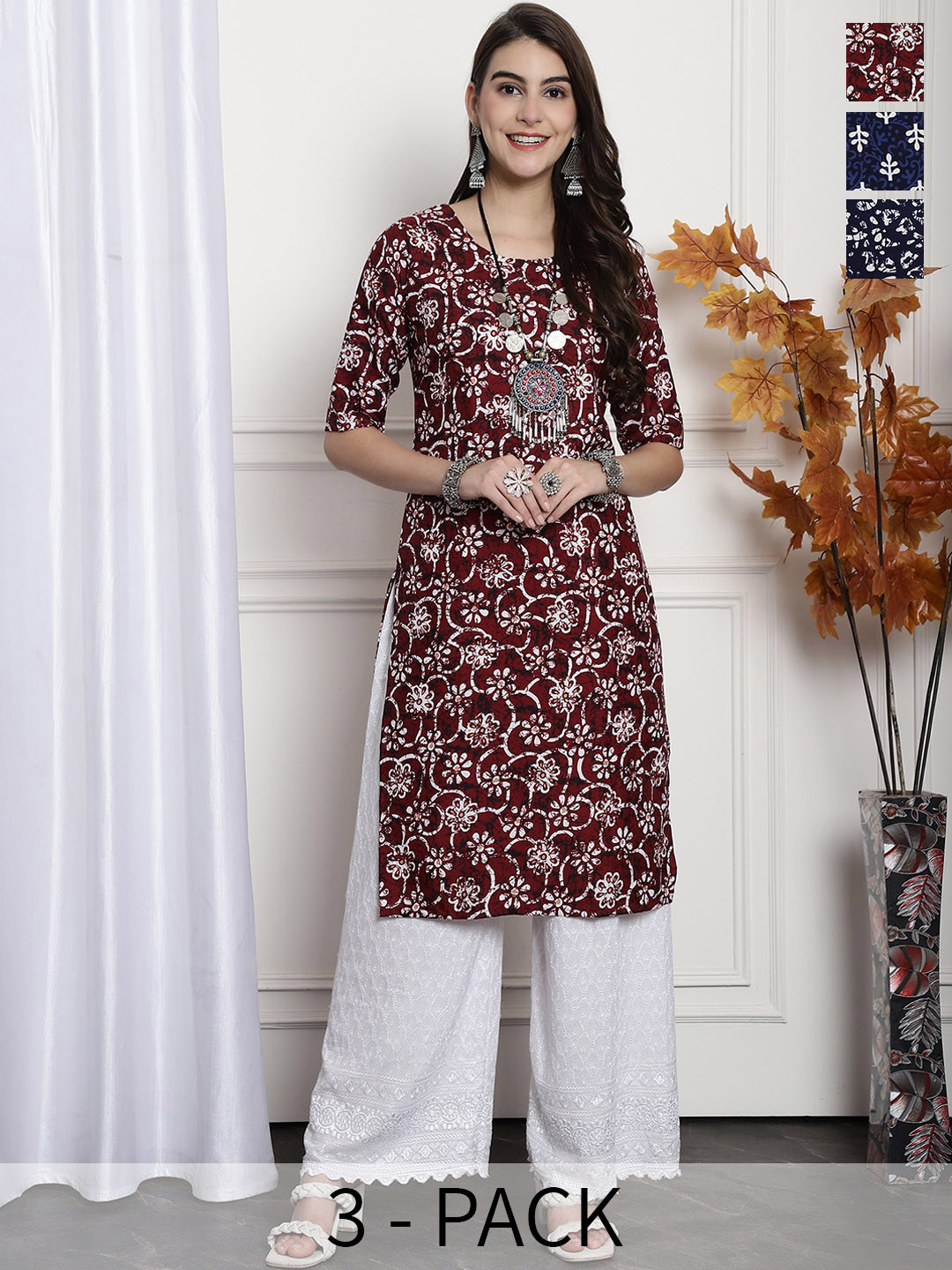 

7Threads Selection Of 3 Ethnic Motifs Printed Kurta, Maroon