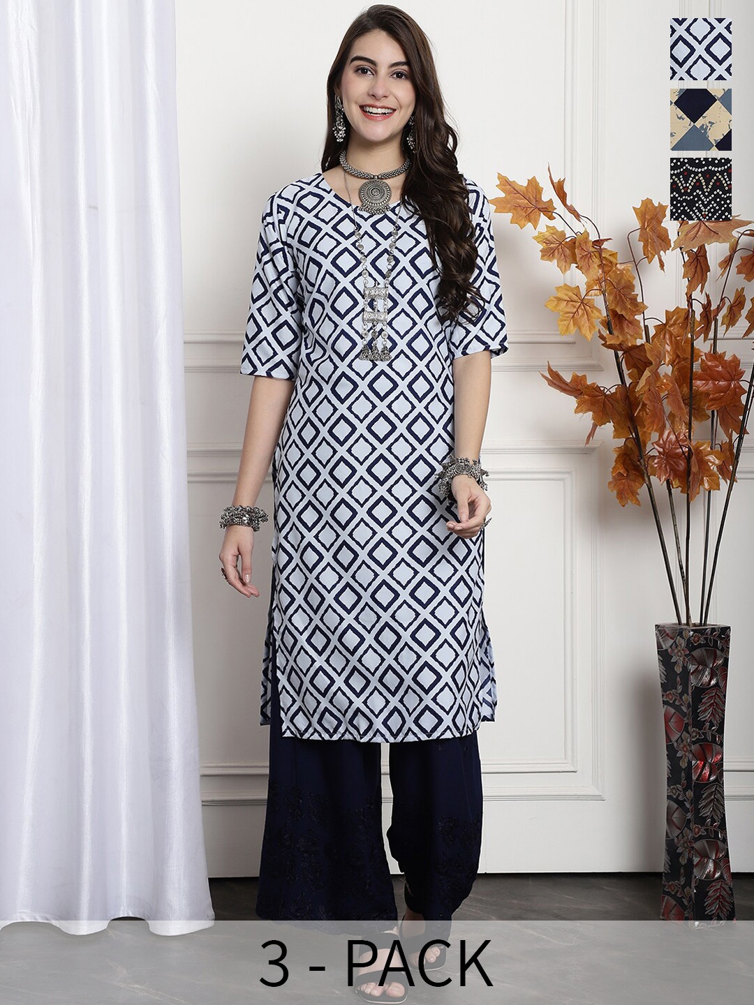 

7Threads Selection Of 3 Printed Straight Crepe Kurtas, White