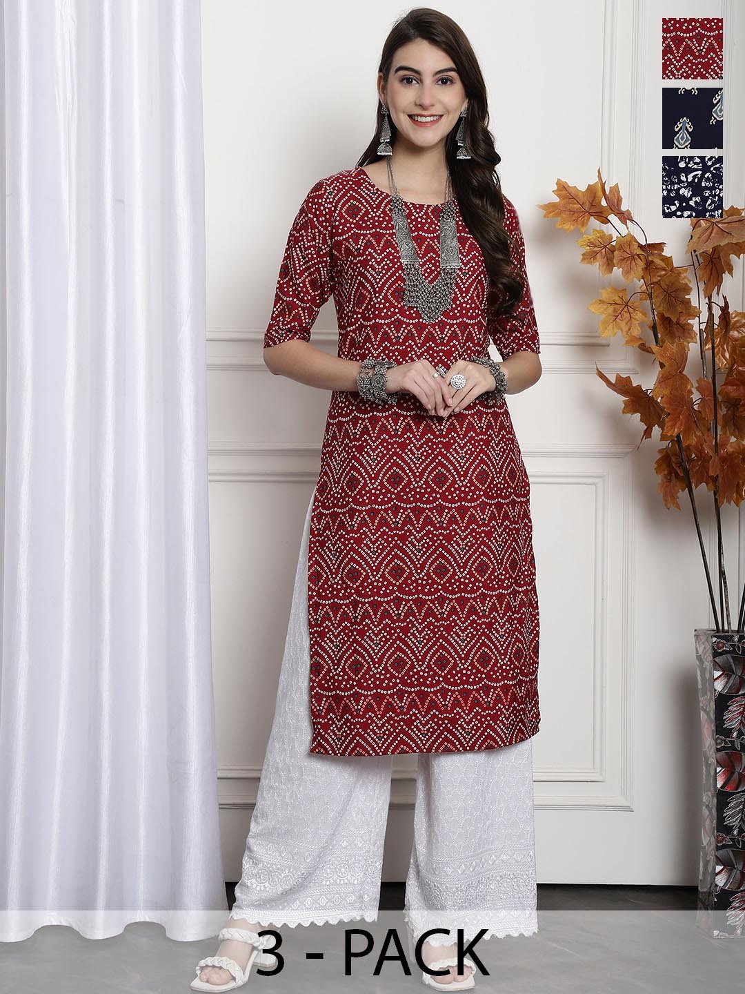 

7Threads Selection Of 3 Ethnic Motifs Printed Crepe Kurtas, Maroon