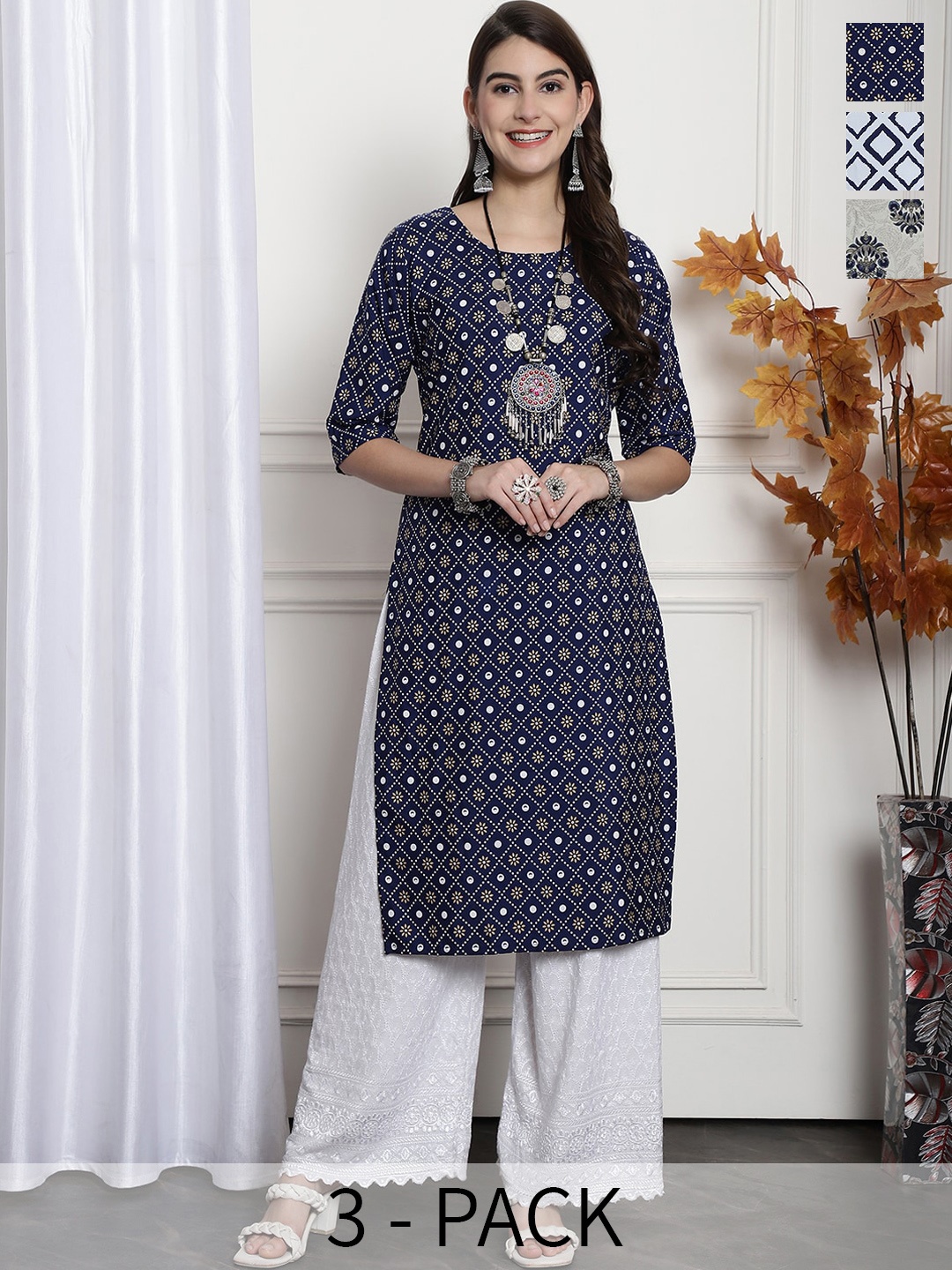 

7Threads Selection Of 3 Printed Round Neck Crepe Straight Kurta, Navy blue