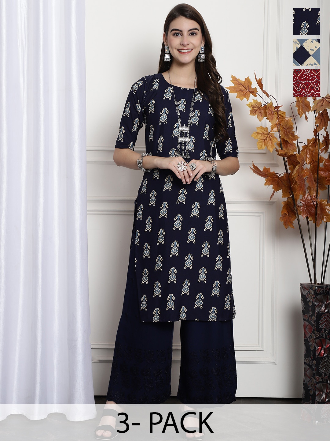 

7Threads Selection Of 3 Ethnic Motifs Printed Straight Kurta, Navy blue