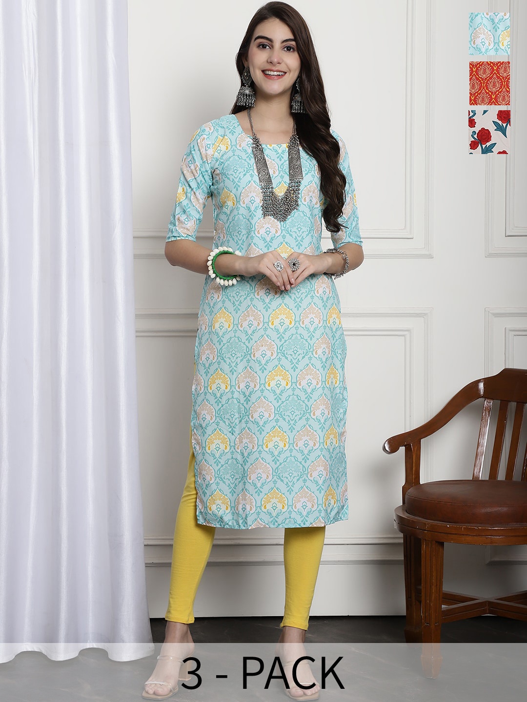 

7Threads Selection Of 3 Ethnic Motifs Printed Straight Kurta, Blue