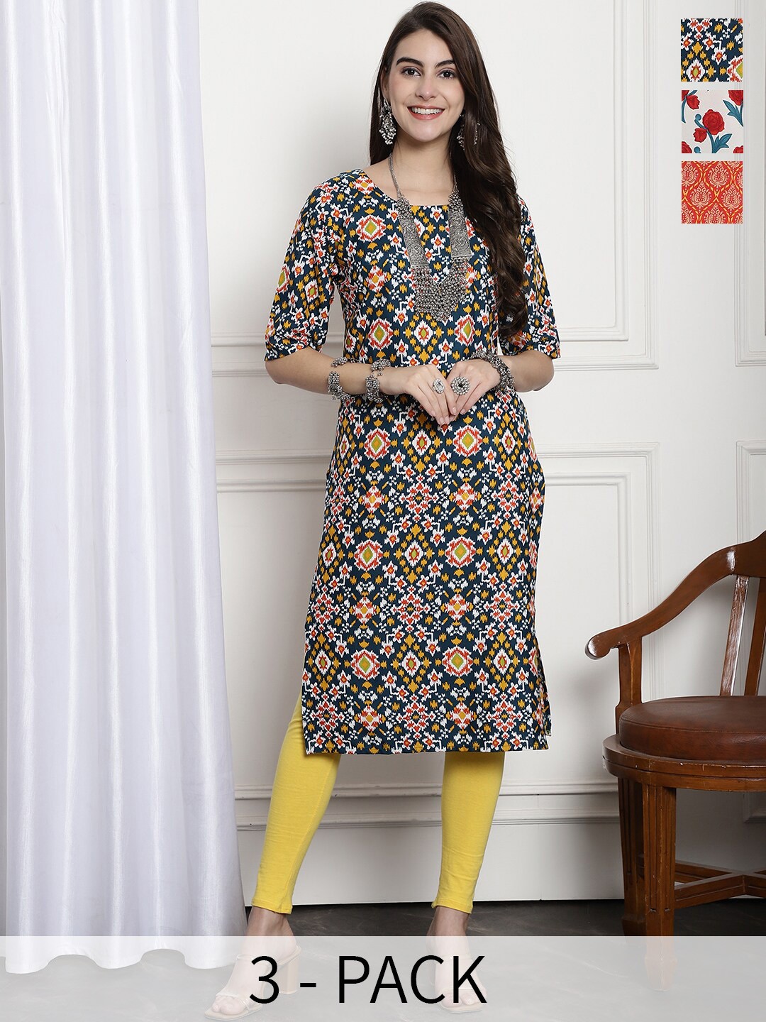 

7Threads Selection Of 3 Printed Straight Crepe Kurtas, Green