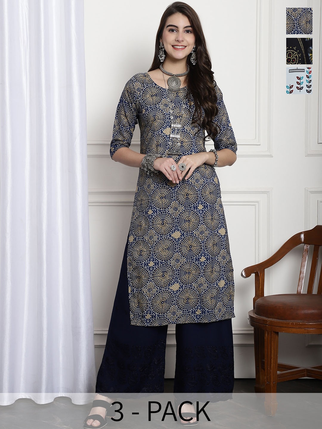 

7Threads Pack of 3 Ethnic Motifs Printed Summer Sheers Crepe Kurta, Multi