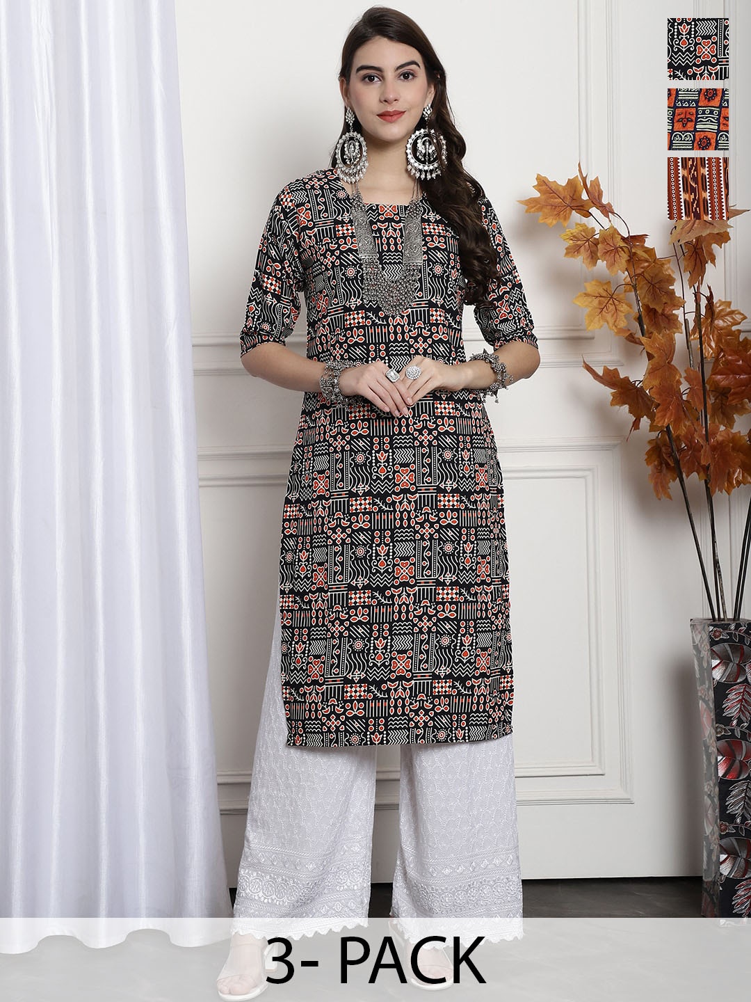 

7Threads Selection Of 3 Printed Round Neck Kurtas, Black