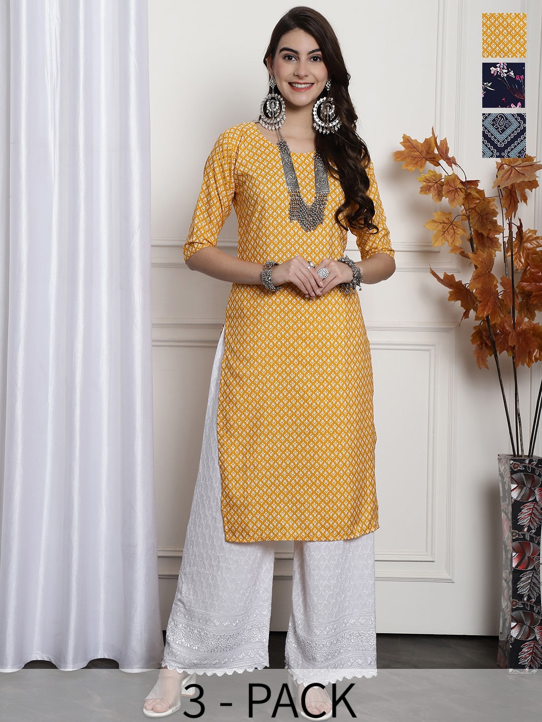 

7Threads Selection Of 3 Ethnic Motifs Printed Crepe Kurtas, Yellow