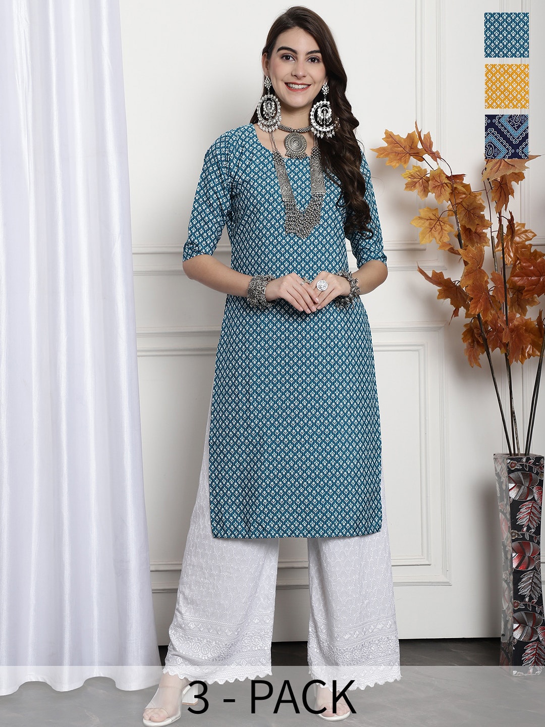 

7Threads Selection Of 3 Ethnic Motifs Printed Straight Crepe Kurtas, Blue