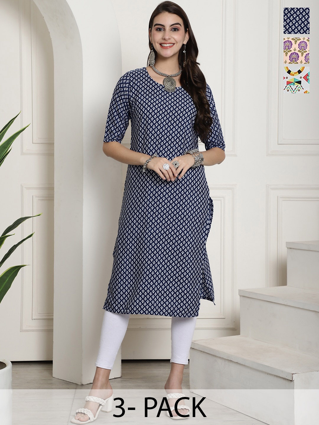 

7Threads Selection Of 3 Printed Round Neck Straight Kurtas, Blue