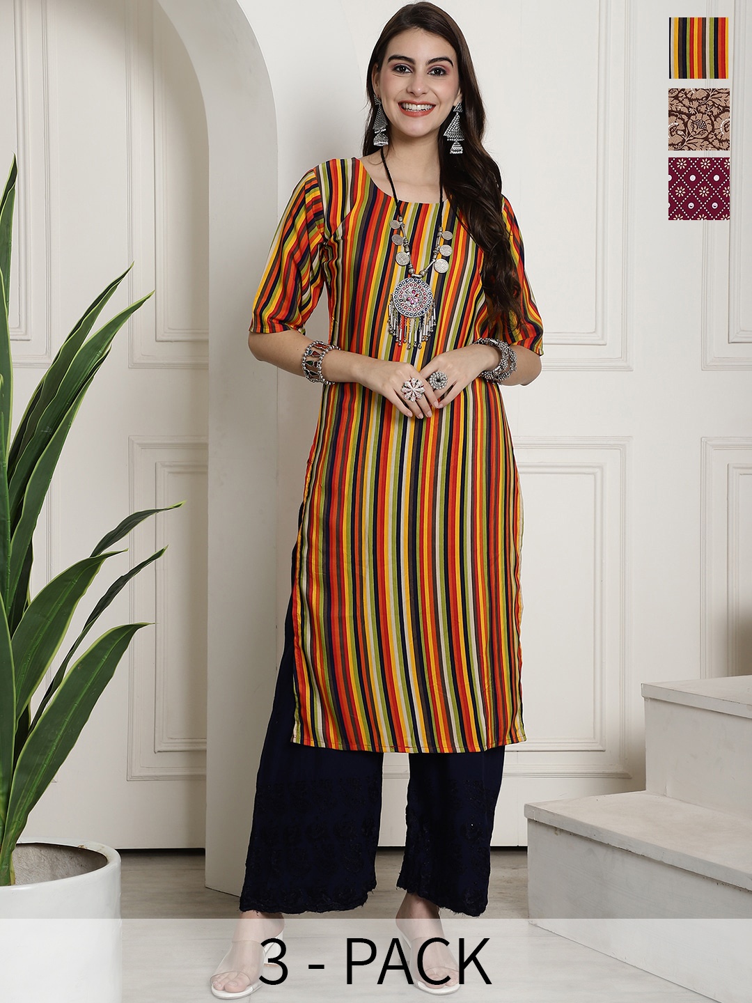 

7Threads Selection Of 3 Ethnic Motifs Printed Crepe Kurtas, Orange