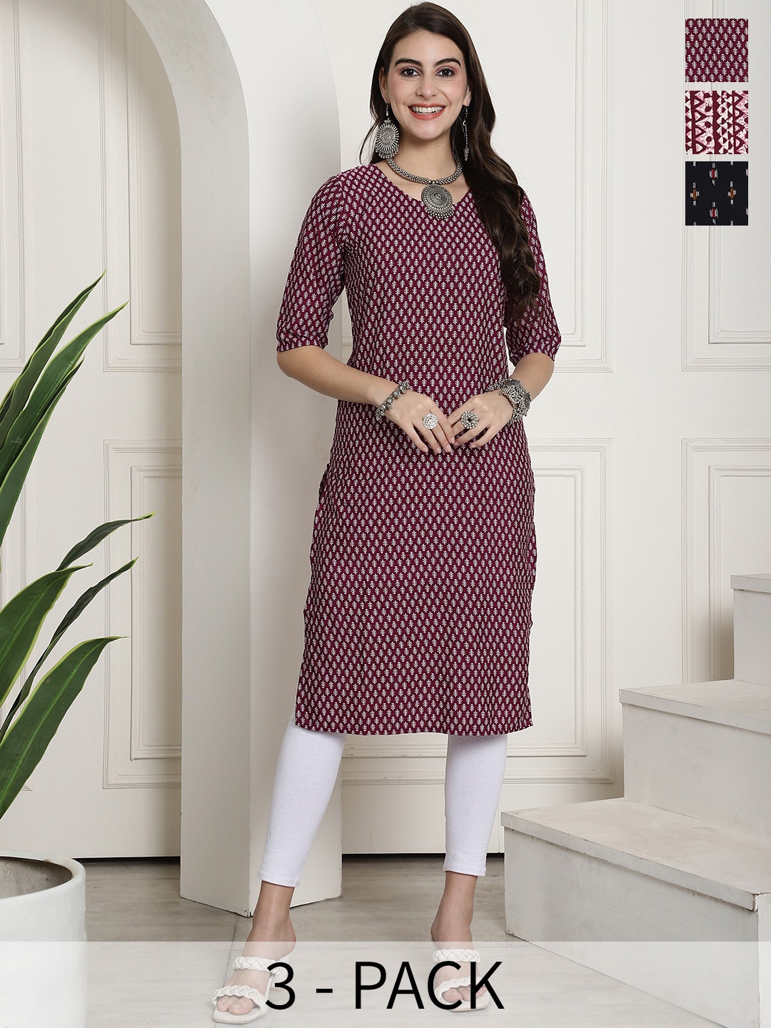 

7Threads Selection Of 3 Ethnic Motifs Printed Straight Kurta, Maroon