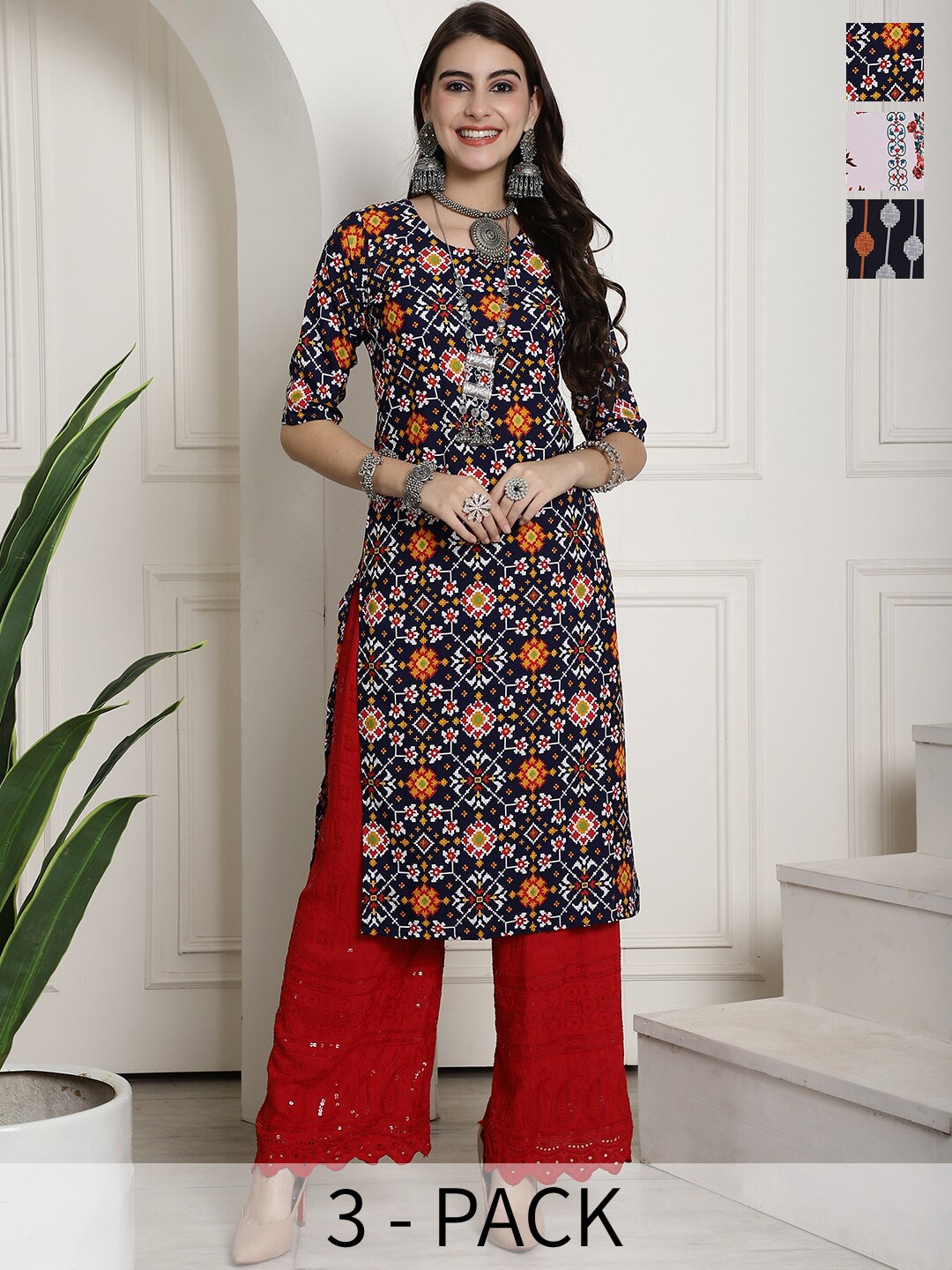 

7Threads Selection Of 3 Ethnic Motifs Printed Round Neck Straight Crepe Kurta, Navy blue