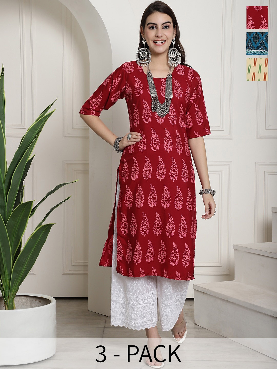 

7Threads Selection Of 3 Printed Round Neck Straight Kurtas, Red