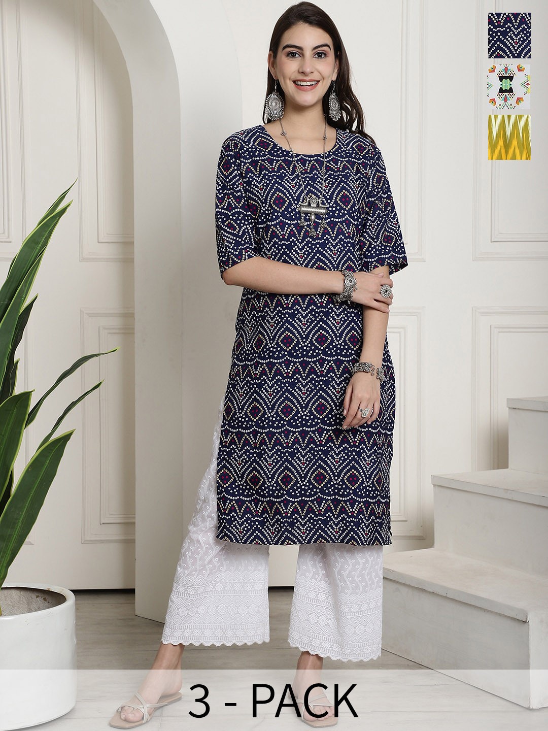 

7Threads Selection Of 3 Printed Round Neck Crepe Straight Kurtas, Navy blue