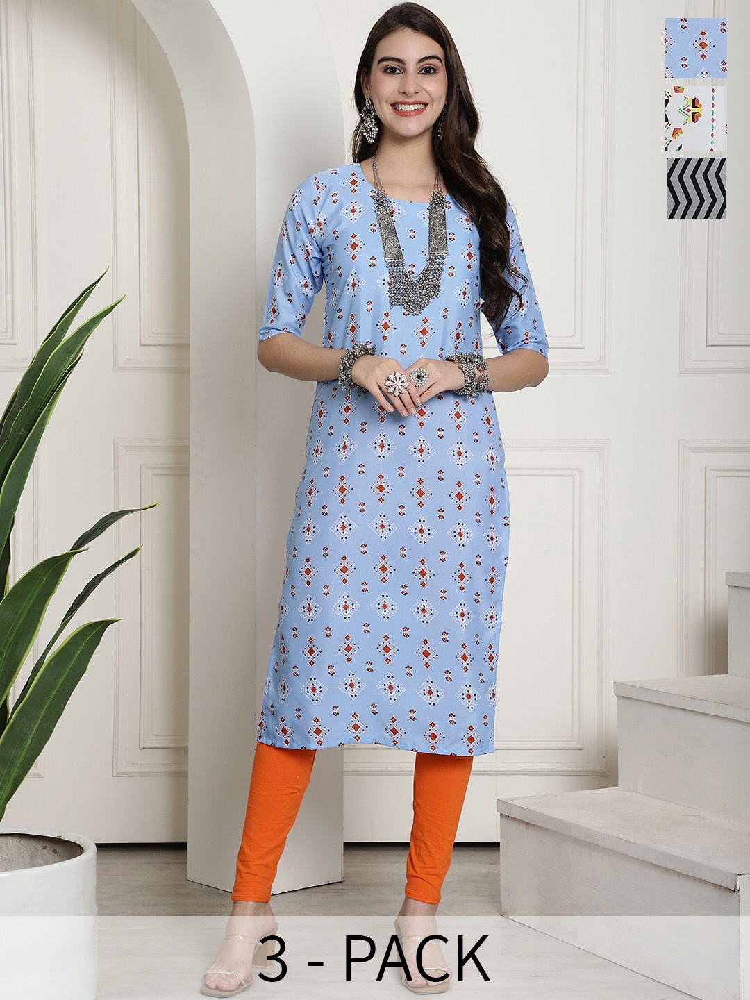 

7Threads Selection of 3 Ethnic Motifs Printed Regular Kurtas, Blue