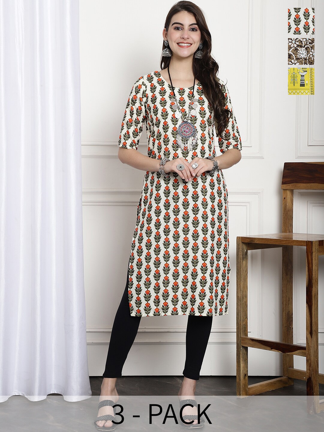 

7Threads Selection Of 3 Printed Straight Crepe Kurtas, Cream