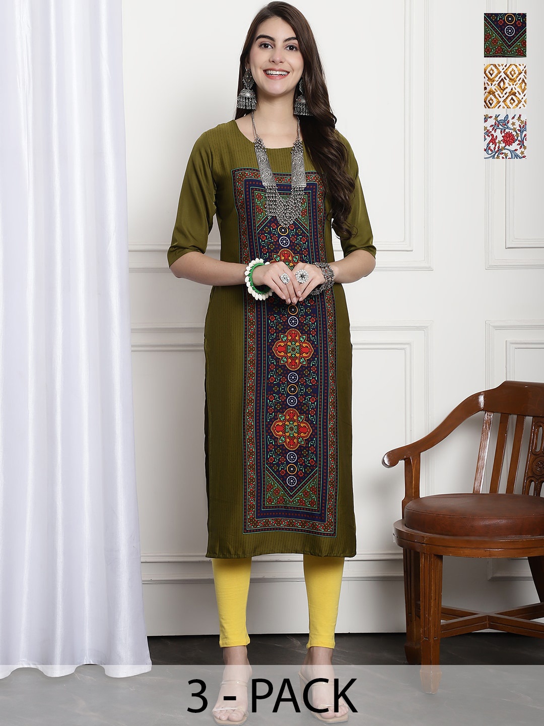 

7Threads Selection Of 3 Ethnic Motifs Printed Straight Kurta, Olive