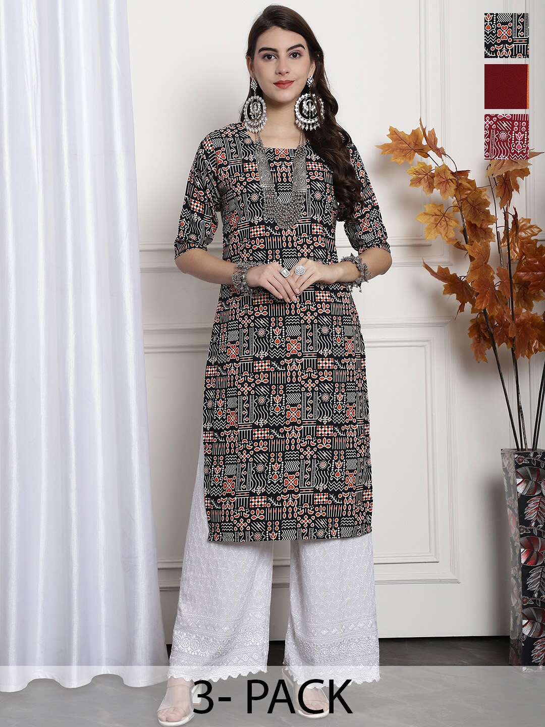 

7Threads Selection of 3 Ethnic Motifs Printed Regular Kurtas, Black