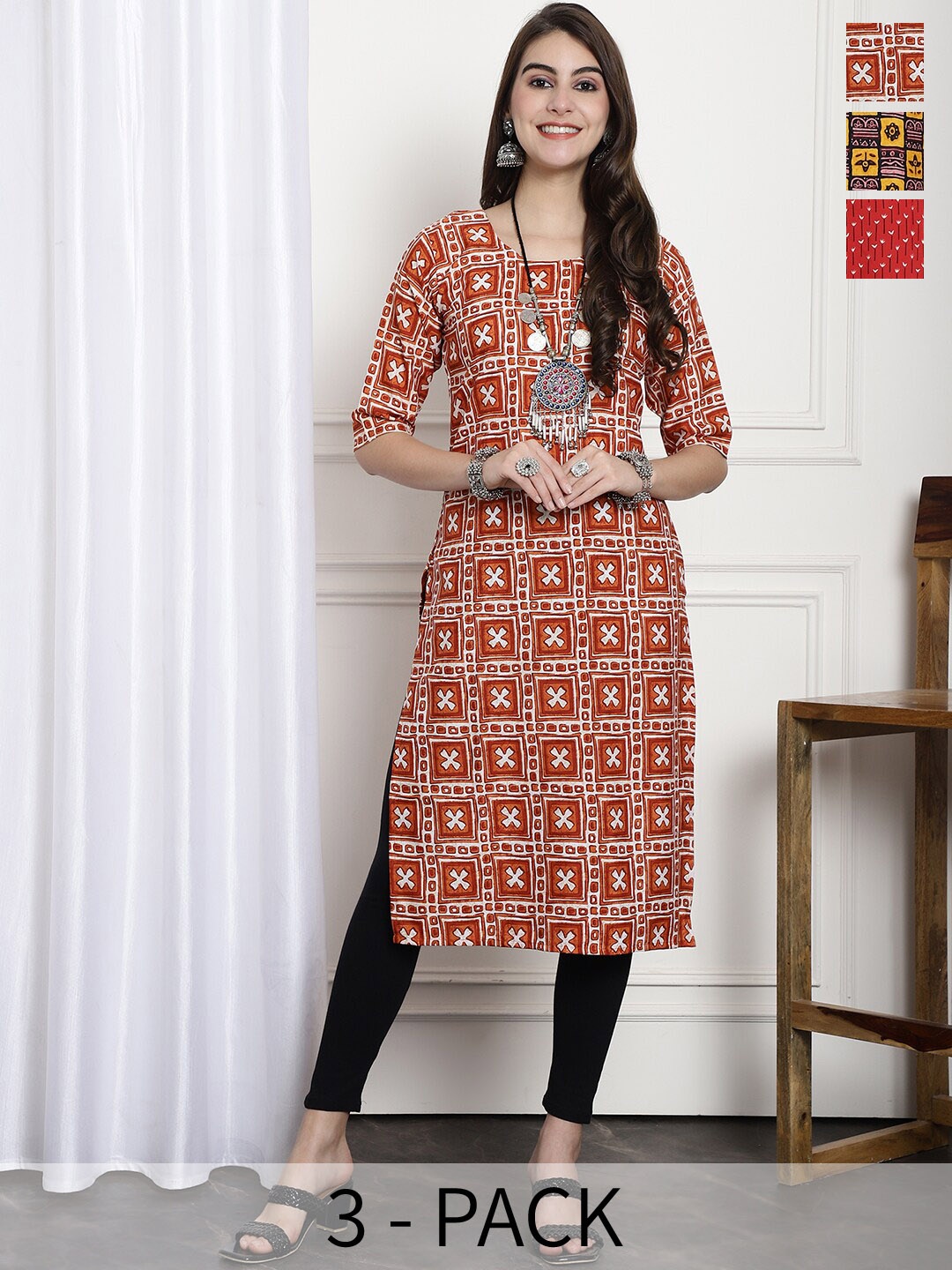 

7Threads Selection Of 3 Ethnic Motifs Printed Straight Kurta, Coral