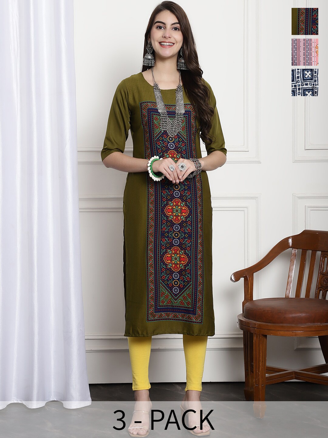 

7Threads Selection Of 3 Ethnic Motifs Printed Straight Kurta, Olive