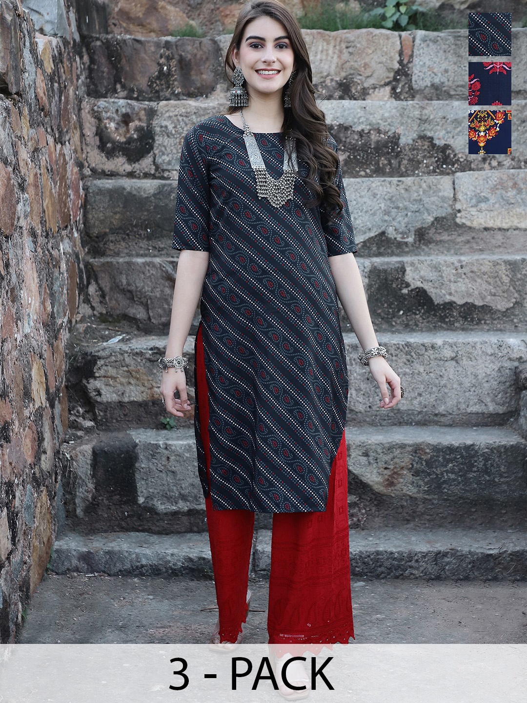 

7Threads Selection Of 3 Paisley Printed Straight Kurta, Black