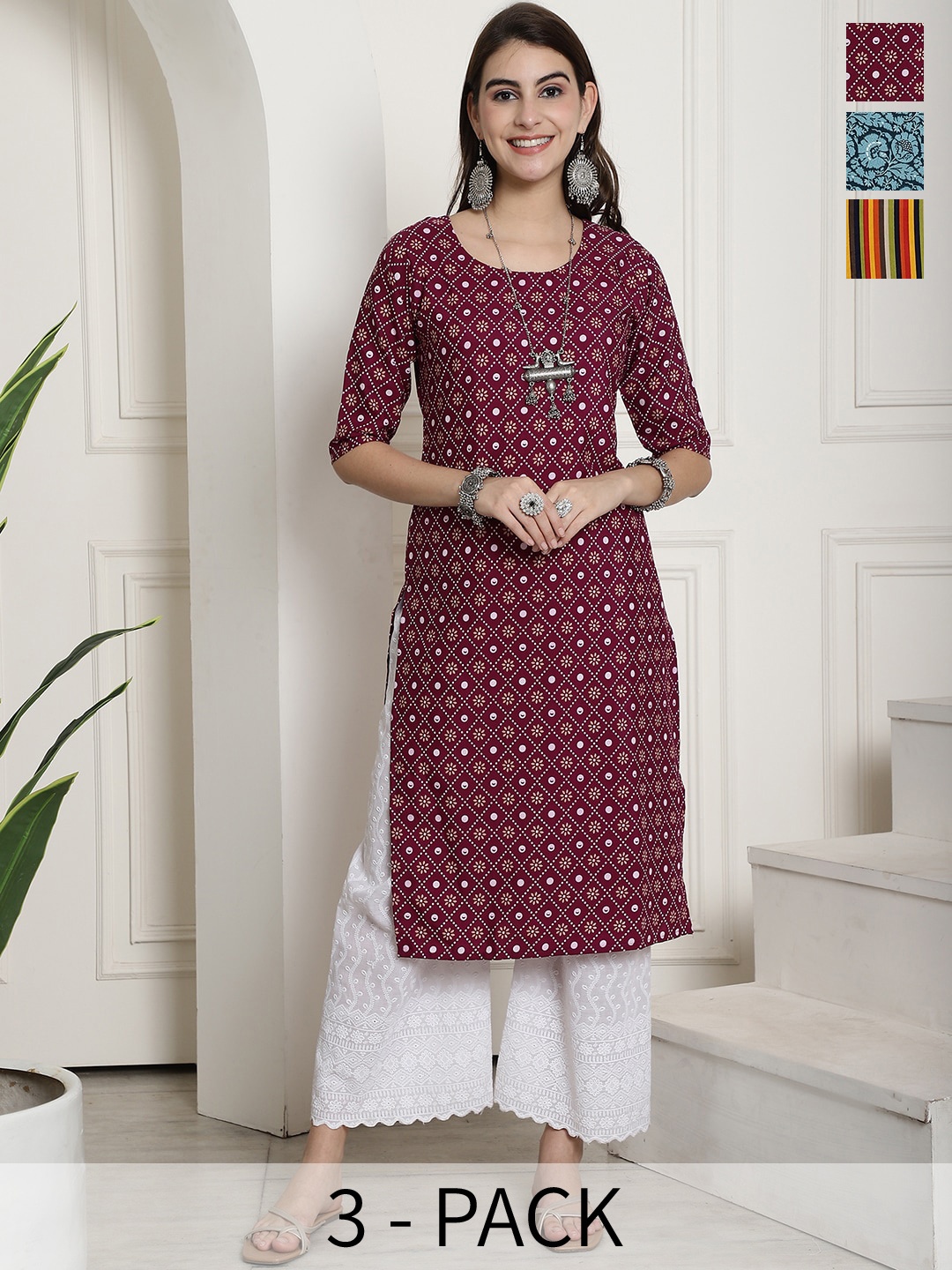 

7Threads Selection Of 3 Ethnic Motifs Printed Straight Kurta, Maroon