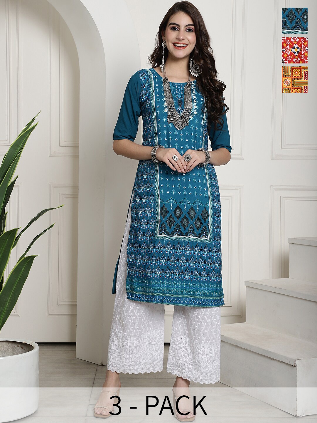 

7Threads Selection Of 3 Ethnic Motifs Printed Crepe Kurtas, Teal