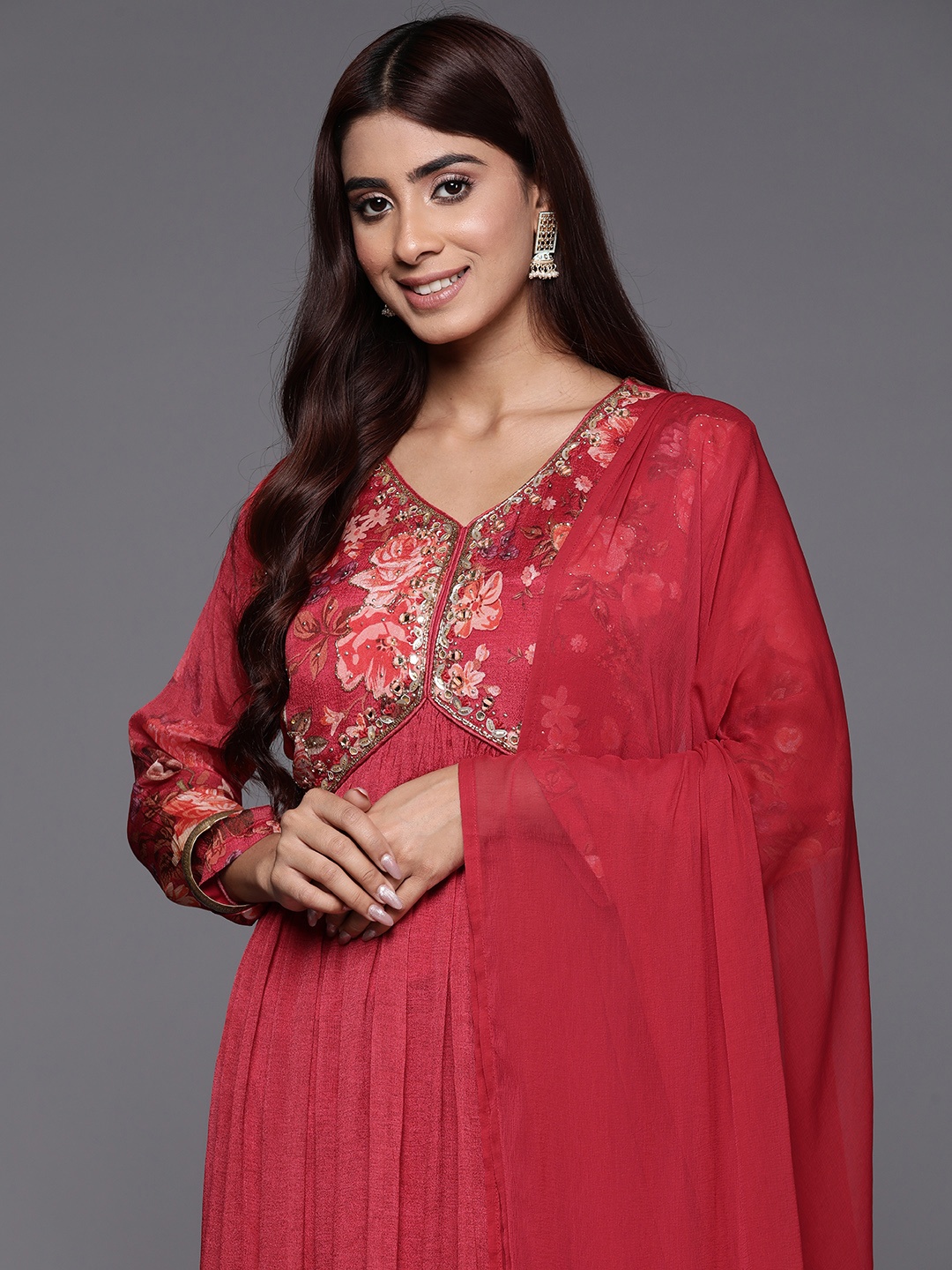 

Varanga Women Floral Embroidered Anarkali Silk Kurta with Dupatta, Red