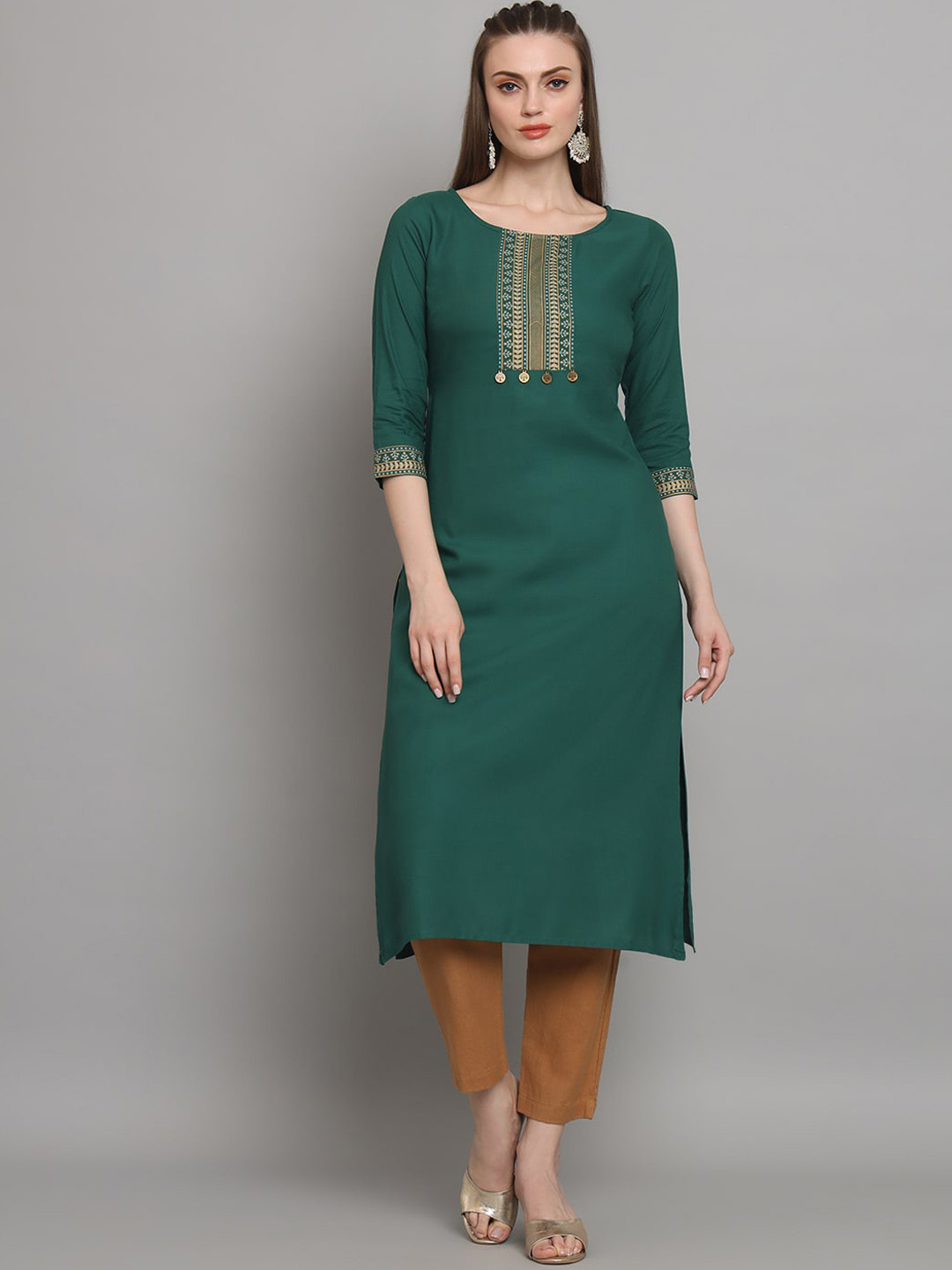 

RANGMAYEE Ethnic Motifs Yoke Design Liva Straight Kurta, Green