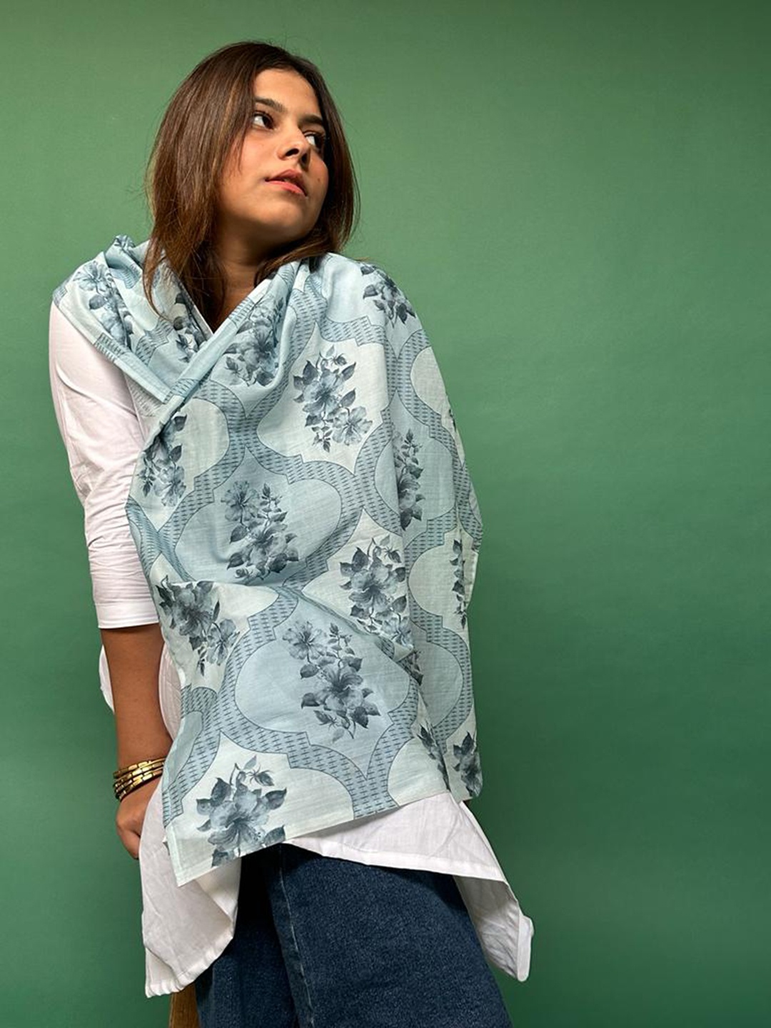 

BUTA BUTI Floral Printed Pure Cotton Stole, Blue