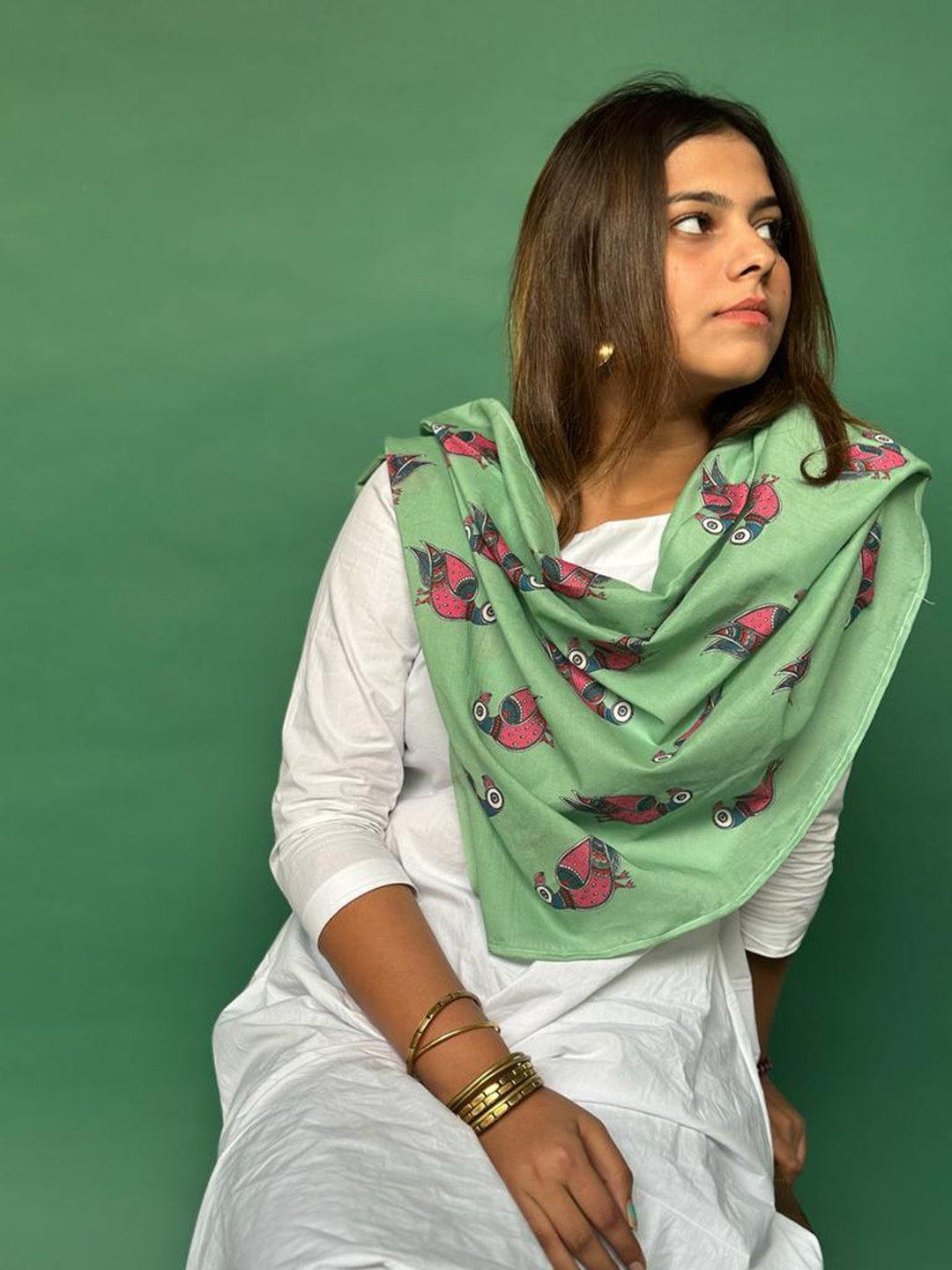 

BUTA BUTI Ethnic Motifs Printed Pure Cotton Stole, Green