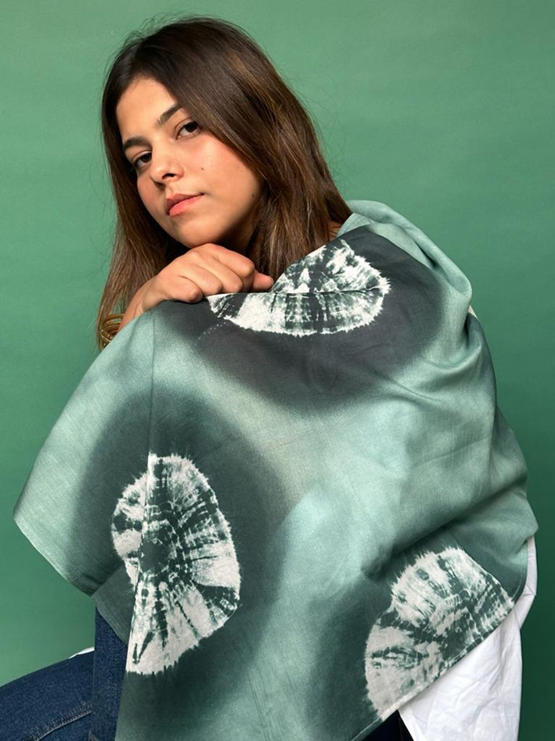 

BUTA BUTI Tie Dye Printed Cotton Stole, Green