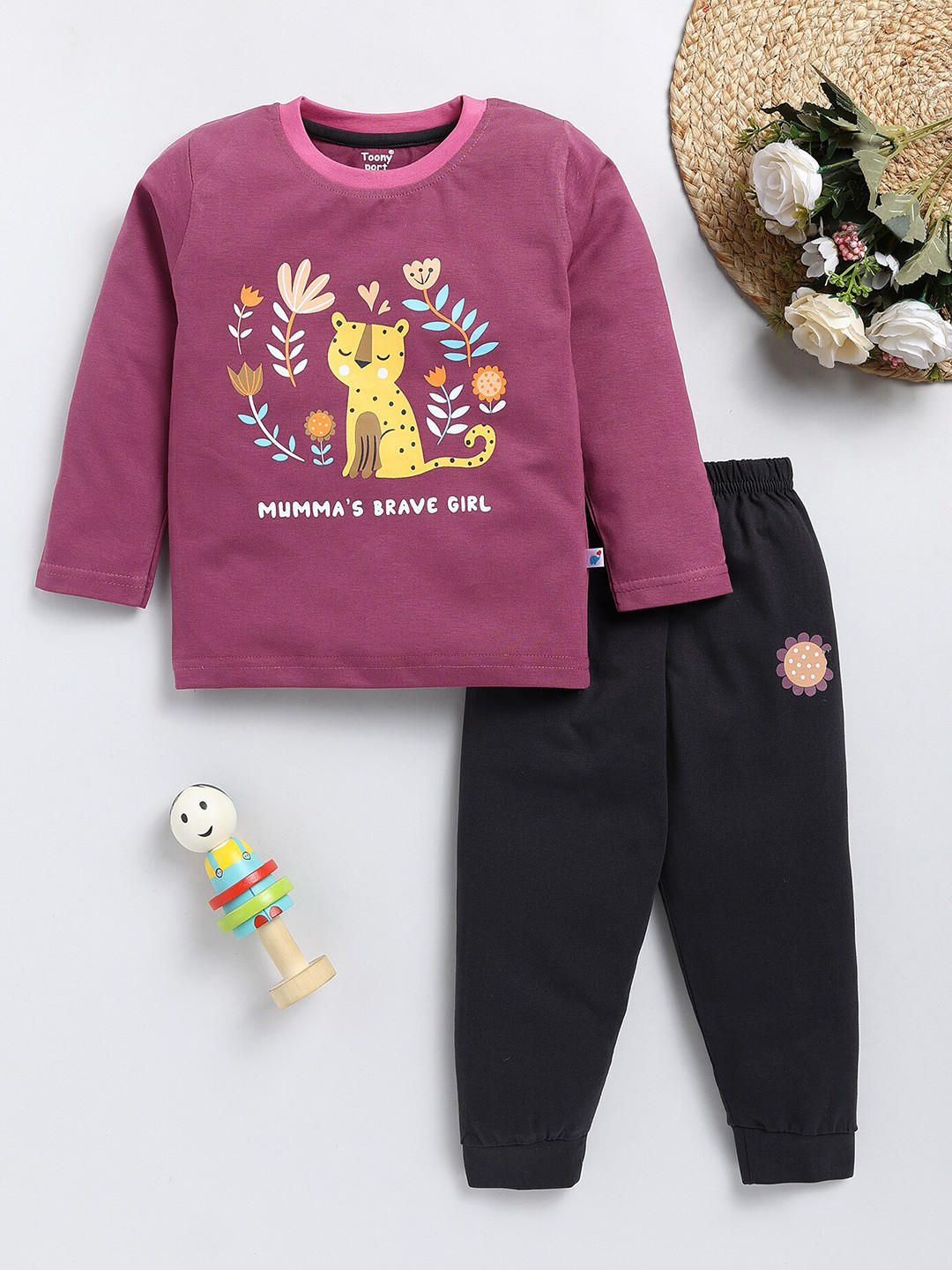

Toonyport Kids Printed Pure Cotton T-shirt With Trousers, Purple