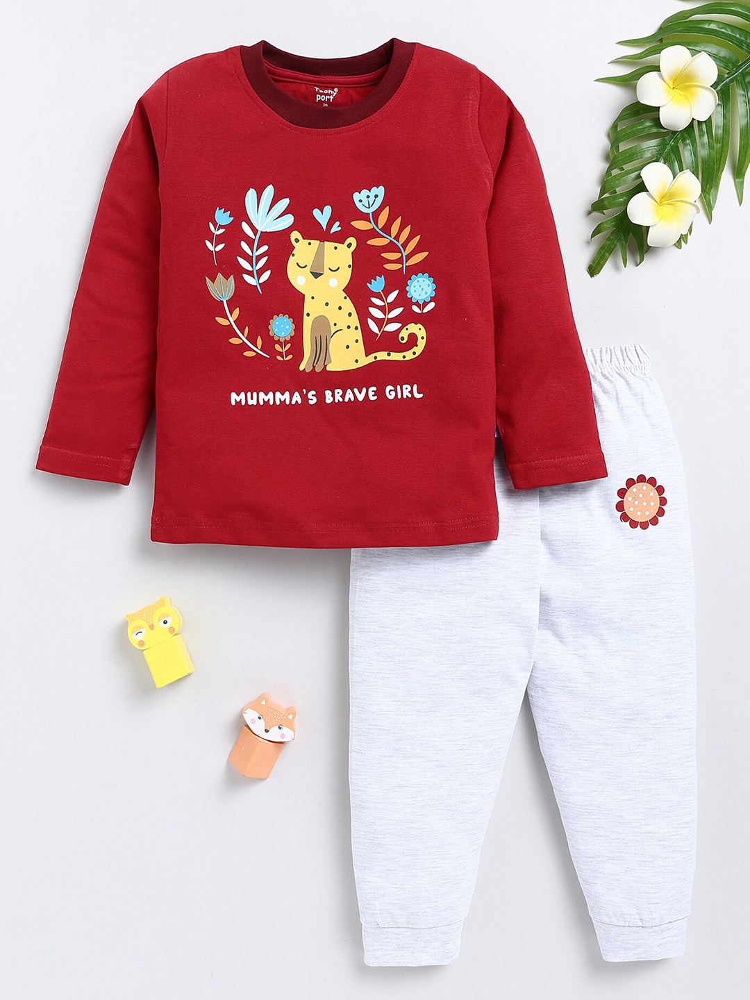 

Toonyport Kids Printed Pure Cotton T-shirt With Trousers, Red