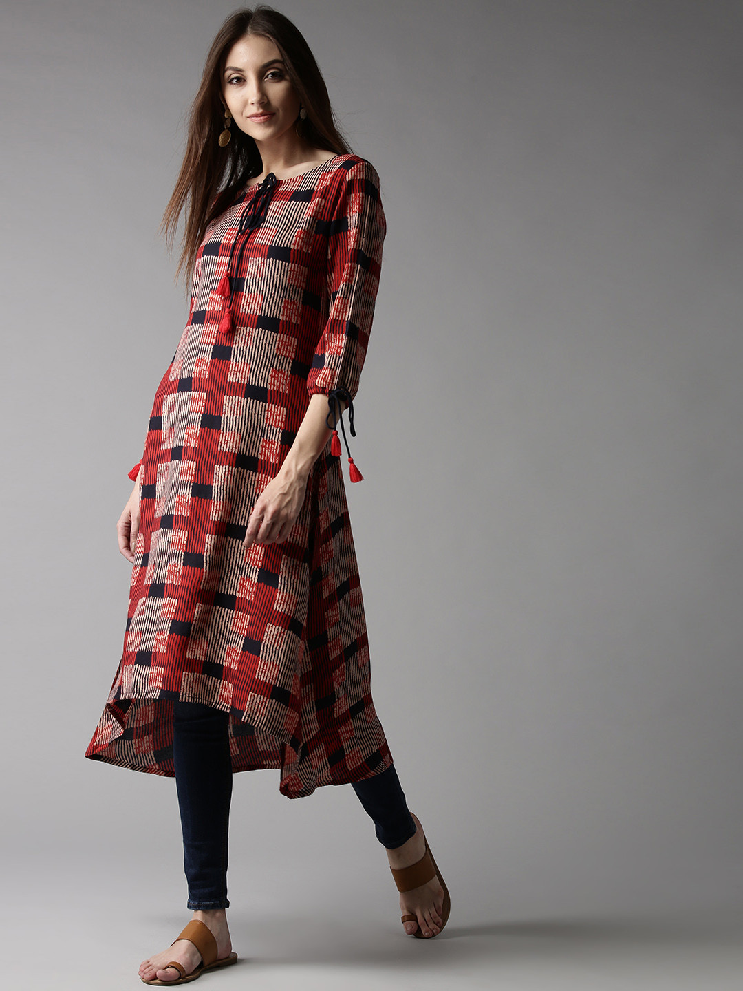 

HERE&NOW Women Red & Navy Checked A-Line Kurta